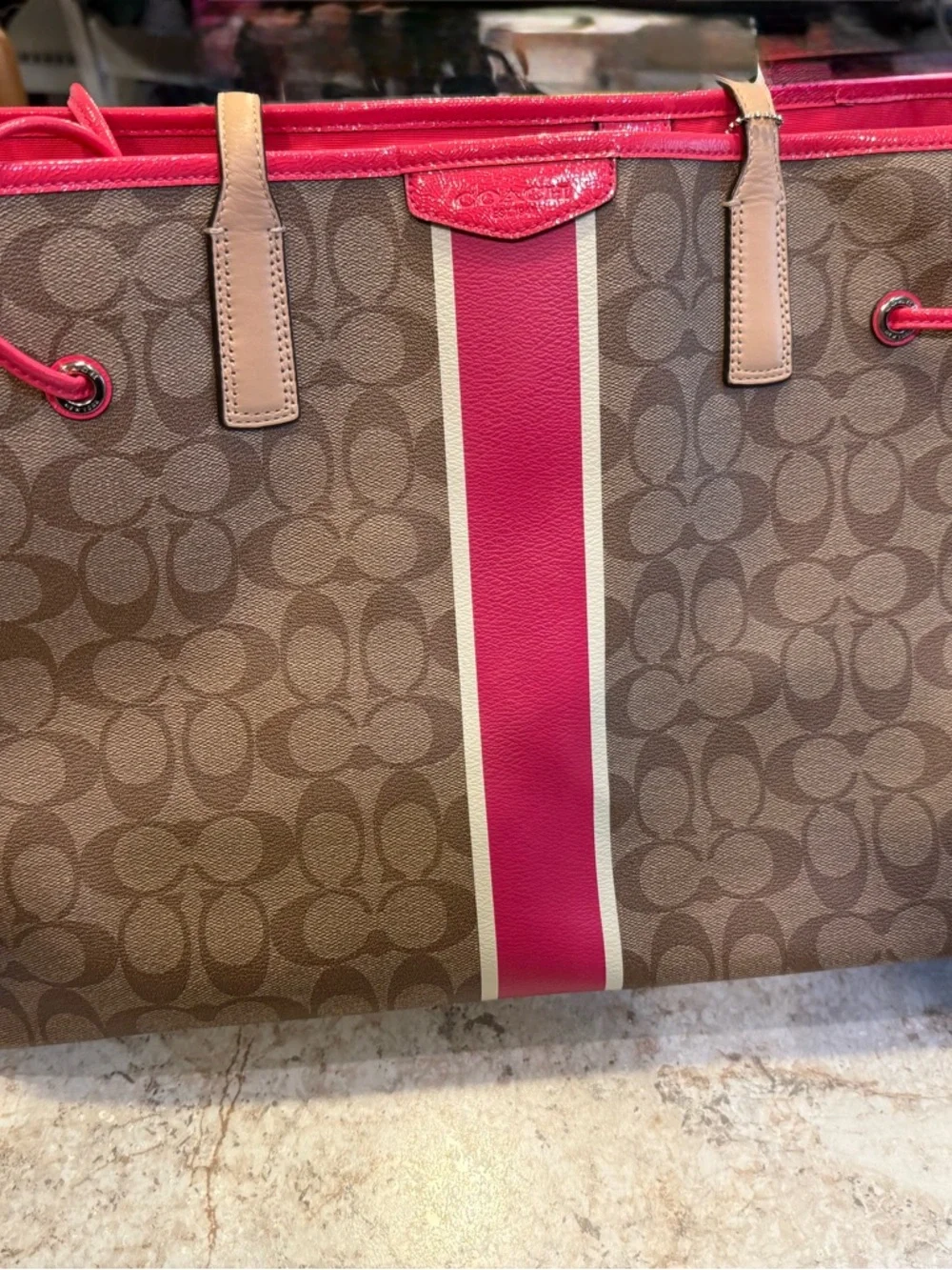 Coach Brown Signature Canvas Tote with Pink Stripe and Tan Trim